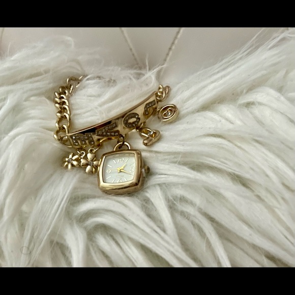 NEW Goldtone Love Inscribed Rhinestone Dangle Charm Fashion Watch O/S - Picture 8 of 12